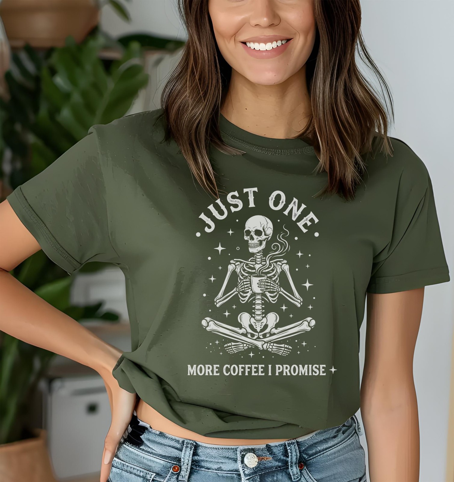 Just One More Coffee I Promise T-Shirt, Funny Skeleton Coffee Lover Tee, Spooky