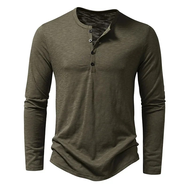 Men’s Autumn Cotton Henley Neck T-Shirt, Long Sleeve, Casual Slim Fit