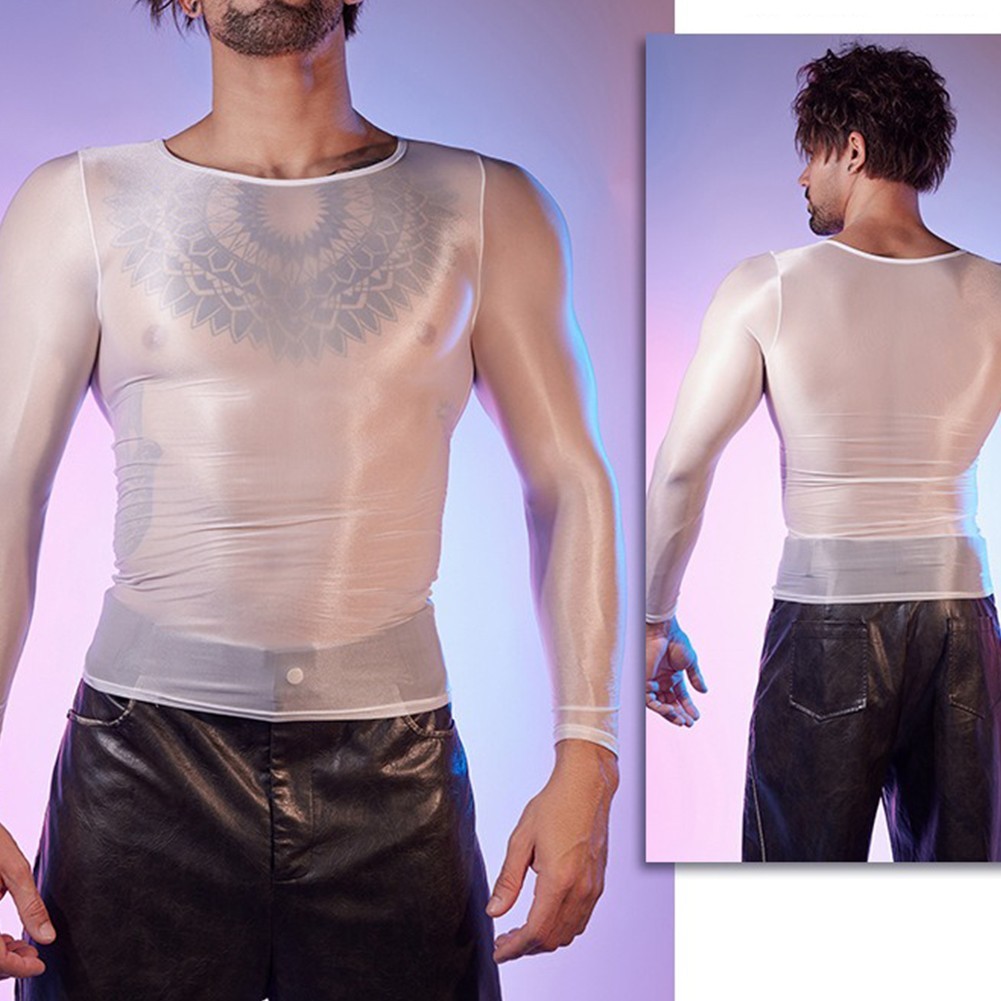Long Sleeve Men’s Sexy Lingerie Top O Neck Tight Sheer Shirts Oil Shiny
