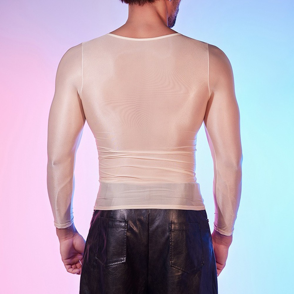 Long Sleeve Men’s Sexy Lingerie Top O Neck Tight Sheer Shirts Oil Shiny