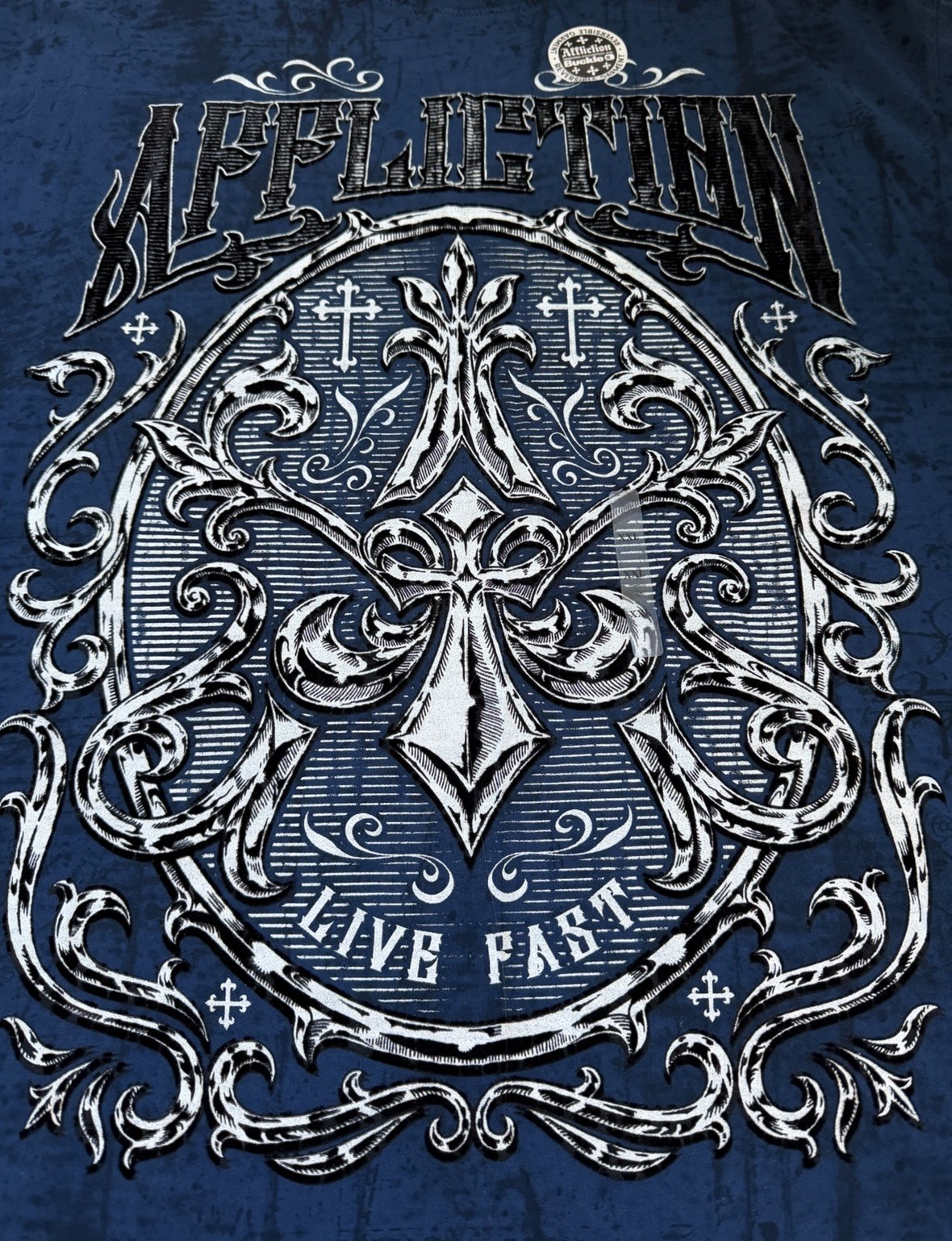 Affliction Abrasive Live Fast Reversible Tee Blue Distressed Graphic XXL NWT