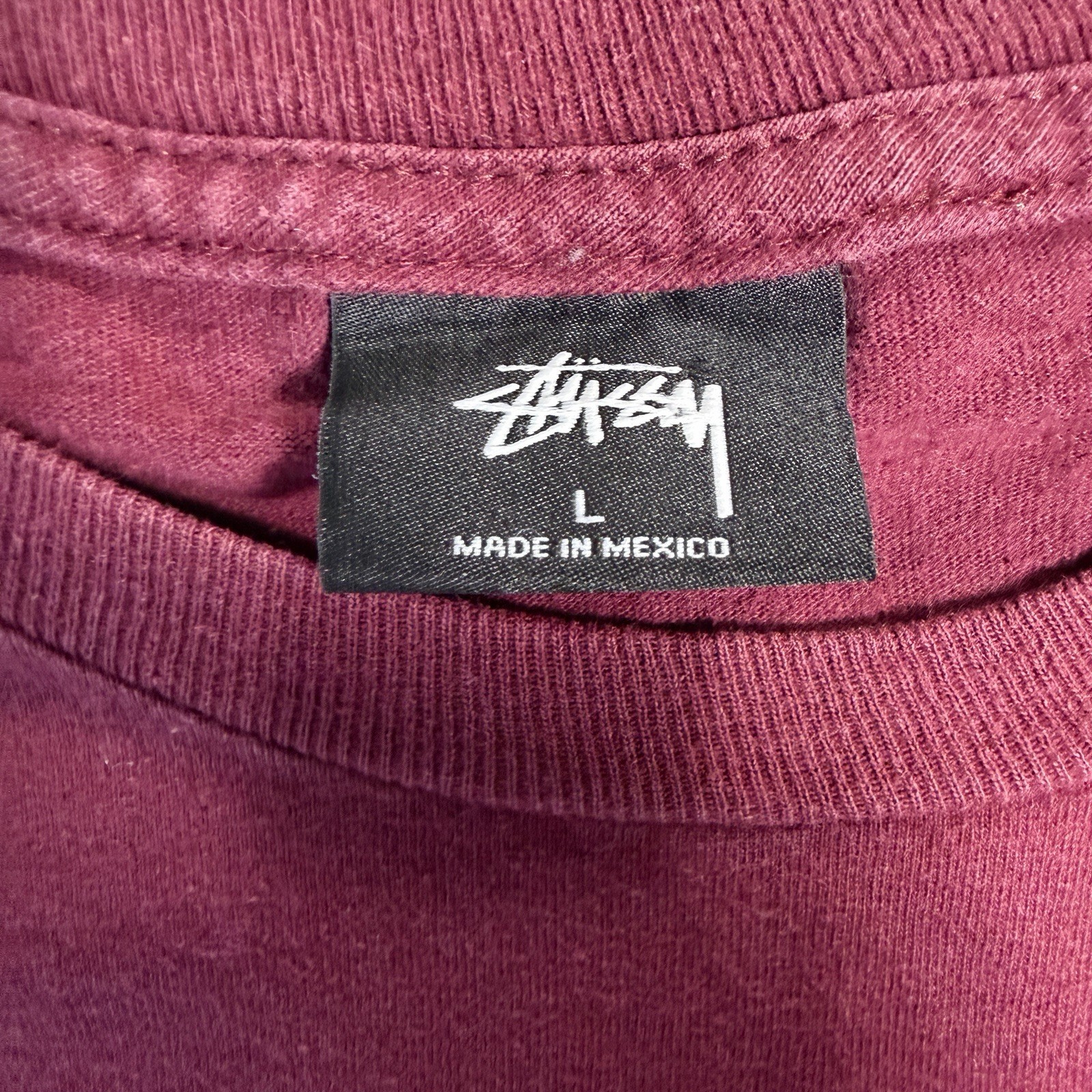 Stussy Men’s Burgundy Logo Crew Neck Short Sleeve Cotton Jersey T-Shirt L