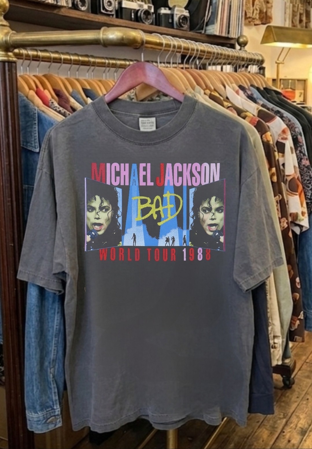 MICHAEL JACKSON BAD TOUR 1988 TOUR ON A SHAKA HEAVYWEIGHT GARMET SHIRT “MODERN”