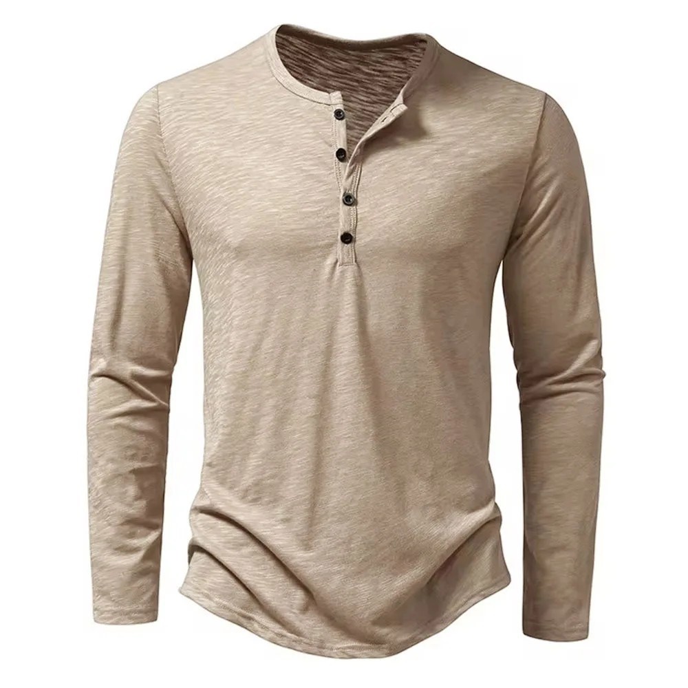 Men’s Autumn Cotton Henley Neck T-Shirt, Long Sleeve, Casual Slim Fit
