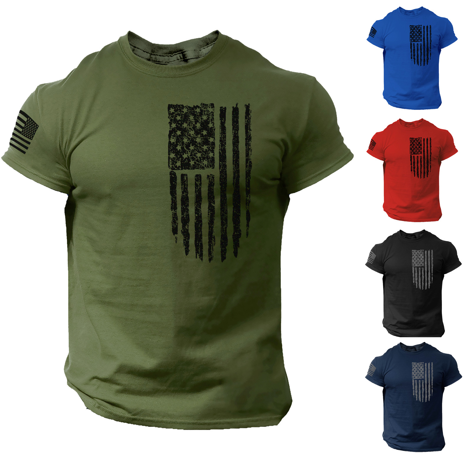 America Flag T-shirt Black Cotton Military Distressed USA Gym Top