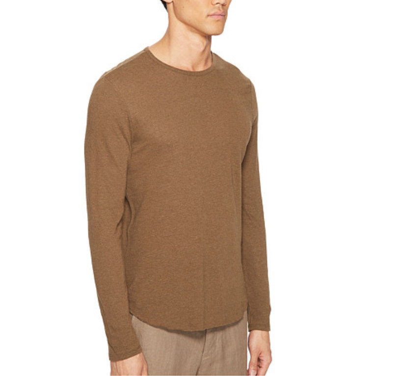 $115 VINCE TOBACCO LONG SLEEVE LINEN BLEND RAW EDGE HEM CREWNECK T-SHIRT Sz S