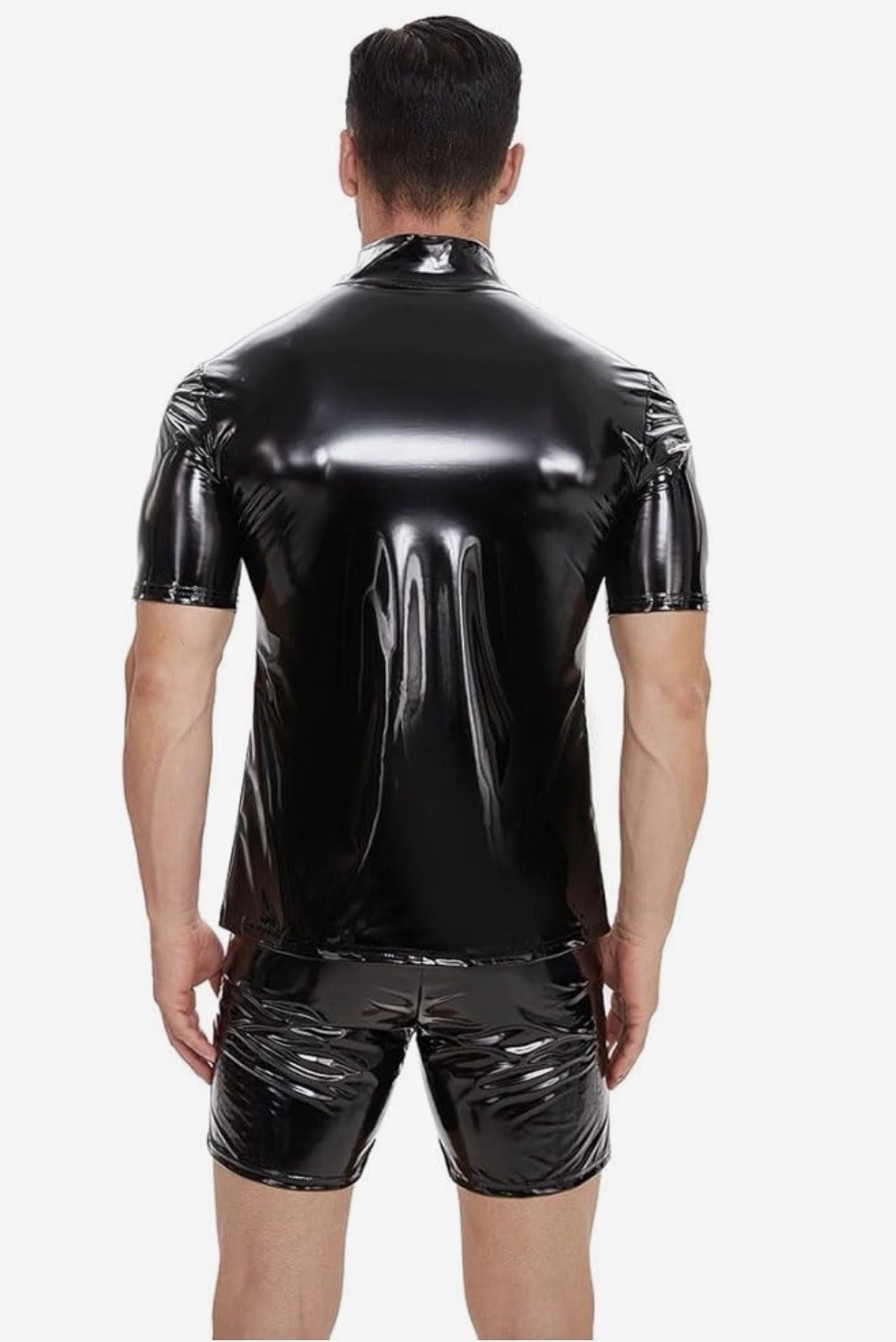 Men’s Sexy Leather Shirt Glossy Full Zipper Short Sleeve Shiny Male X Large
