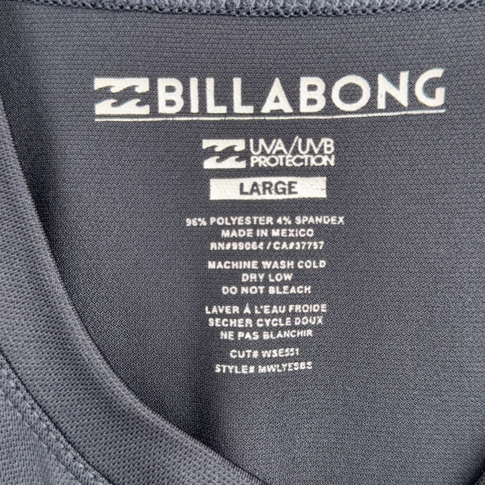 Billabong Rash Guard Mens Large Polyester Spandex Black Performance Tee