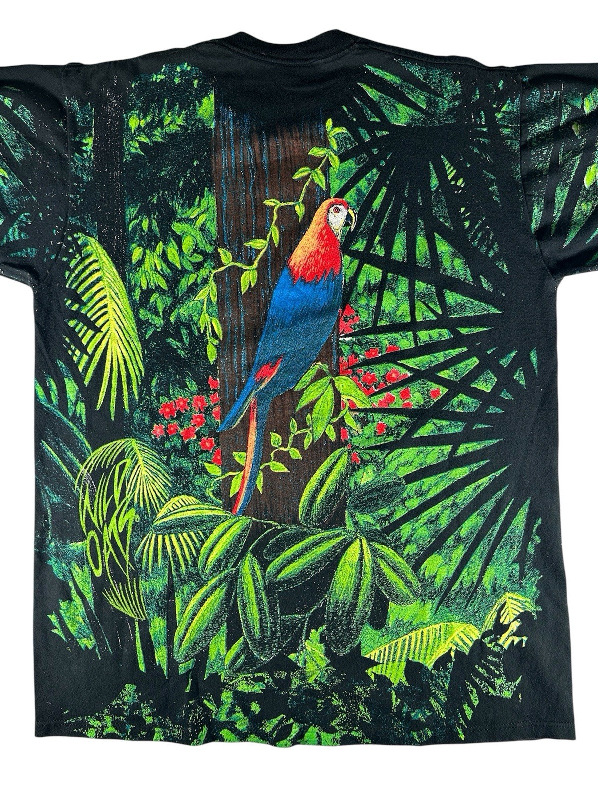 Vintage 90s Wild Oats Jerzees Jungle Parrots Rainforest AOP Tee Shirt SZ Large