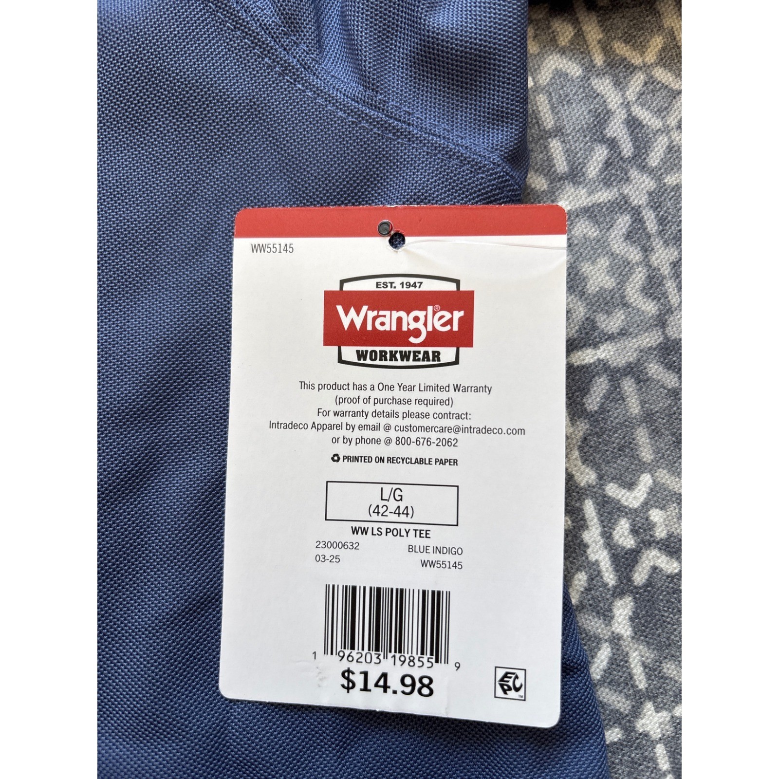 Wrangler Workwear Shirt Mens L Blue NWT Performance Long Sleeve Pen Pocket Tee