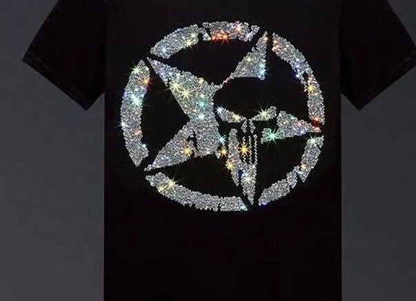 New Men Luxury V-Neck Diamond Star Rhinestones Skull Black T-Shirt High Quality