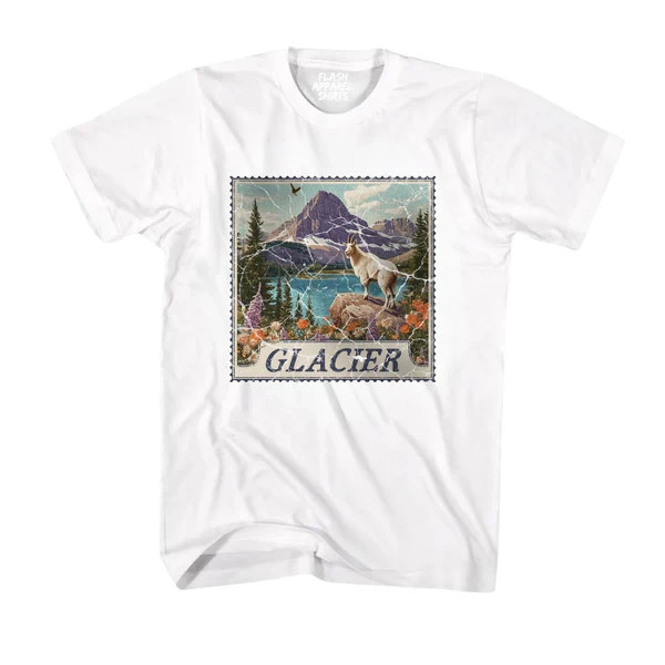 Glacier National Park Shirt Montana Stamp T Shirt Camping Hiking Wildlife Nature