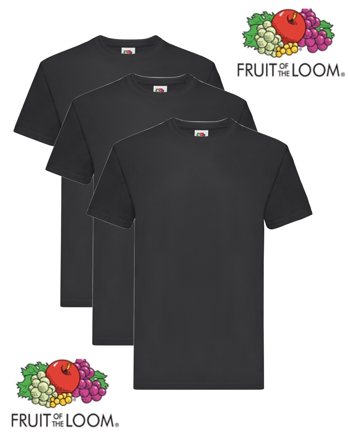 Pack of 3 Fruit Of The Loom Super Premium Plain BLACK Cotton T-Shirts Tees