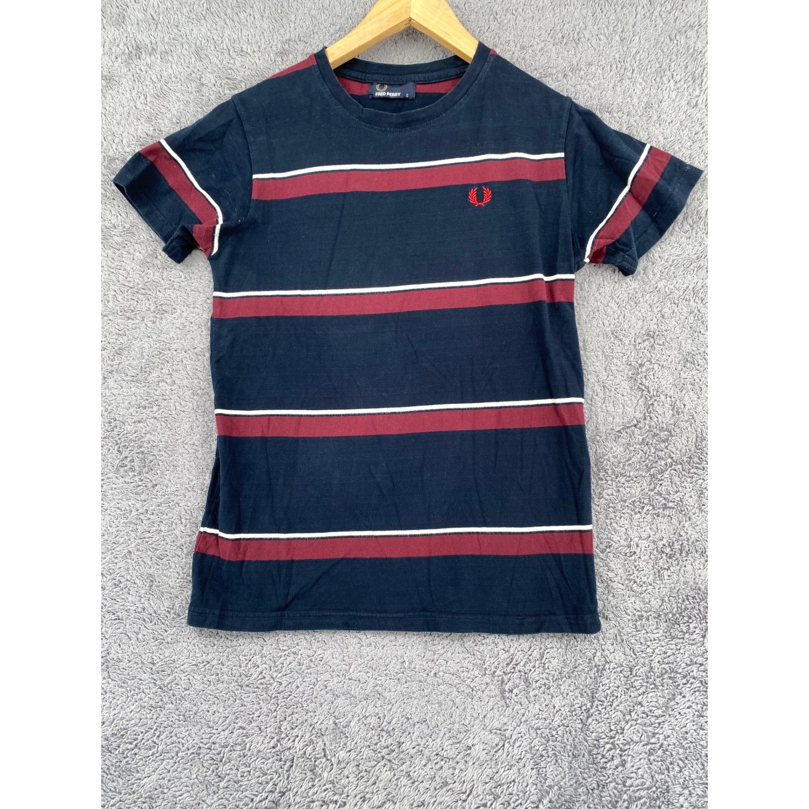 Fred Perry Striped T-Shirt Size S Navy Blue Burgundy Mod Indie Laurel Wreath Tee