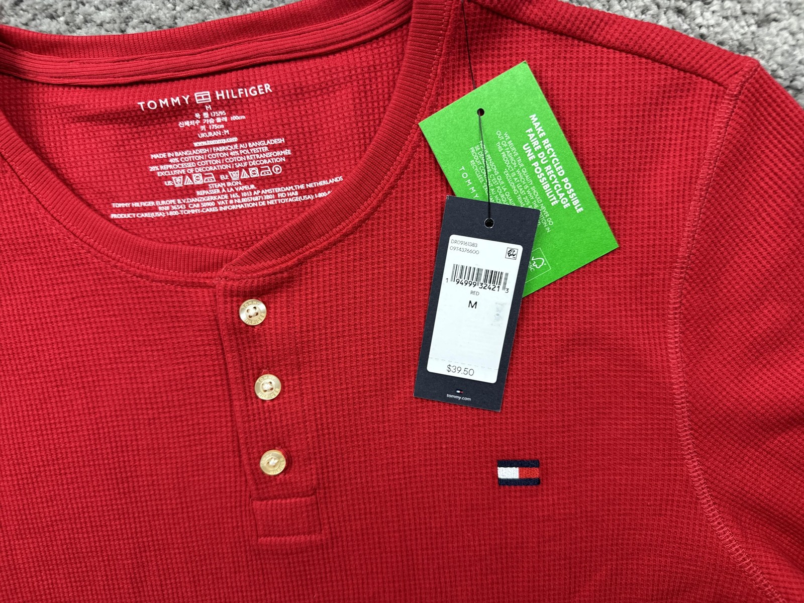 Tommy Hilfiger Shirt Mens M Red Henley Long Sleeve Tagless Cotton/Poly