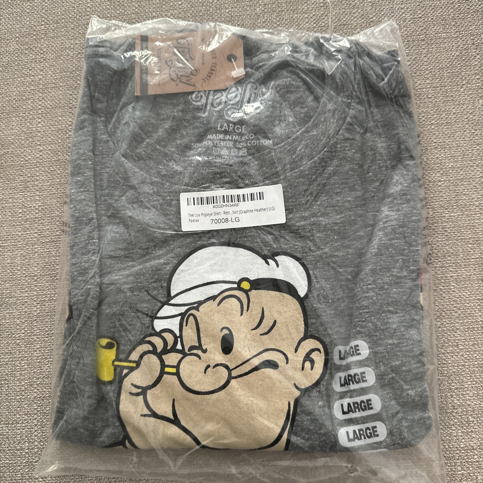 Popeye The Sailorman Tee Luv Gray Short Sleeve Tee Shirt T-Shirt Large