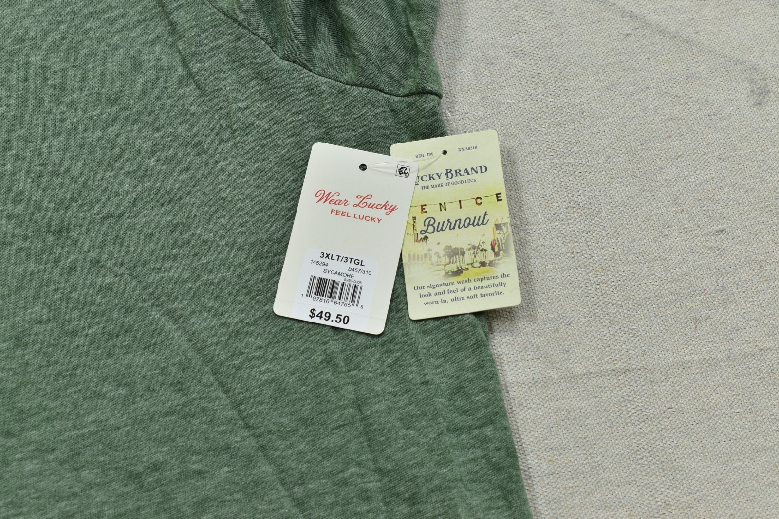 Lucky Brand Men’s Lucky Label Green Short Sleeve Crew Neck Size 3XLT NEW