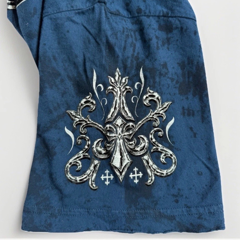 Affliction Abrasive Live Fast Reversible Tee Blue Distressed Graphic XXL NWT