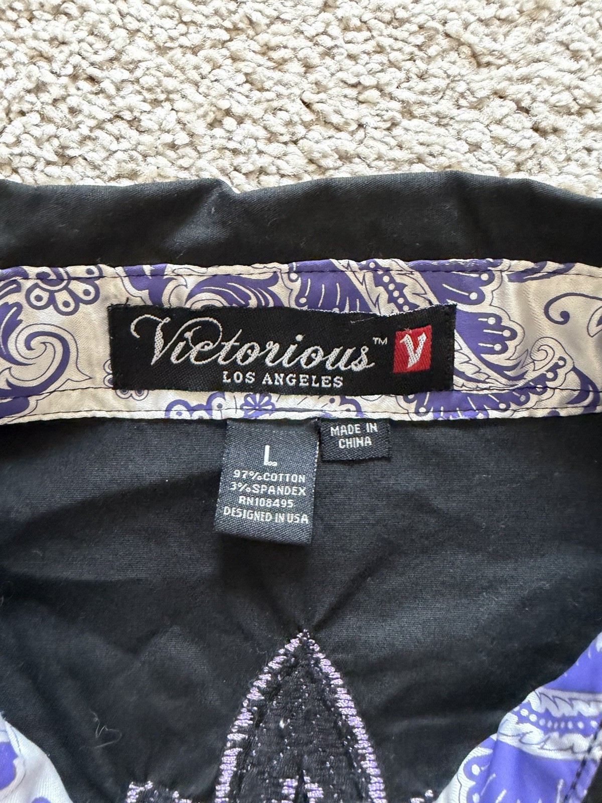 Victorious Los Angeles Men’s L Black Purple Cross Embroidered Shirt Gothic Y2K