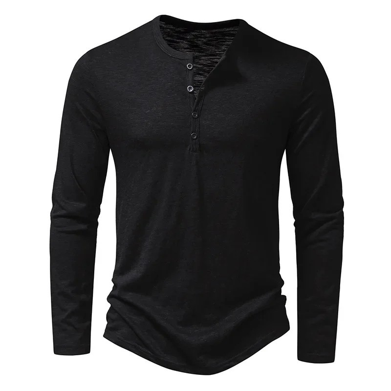 Men’s Autumn Cotton Henley Neck T-Shirt, Long Sleeve, Casual Slim Fit