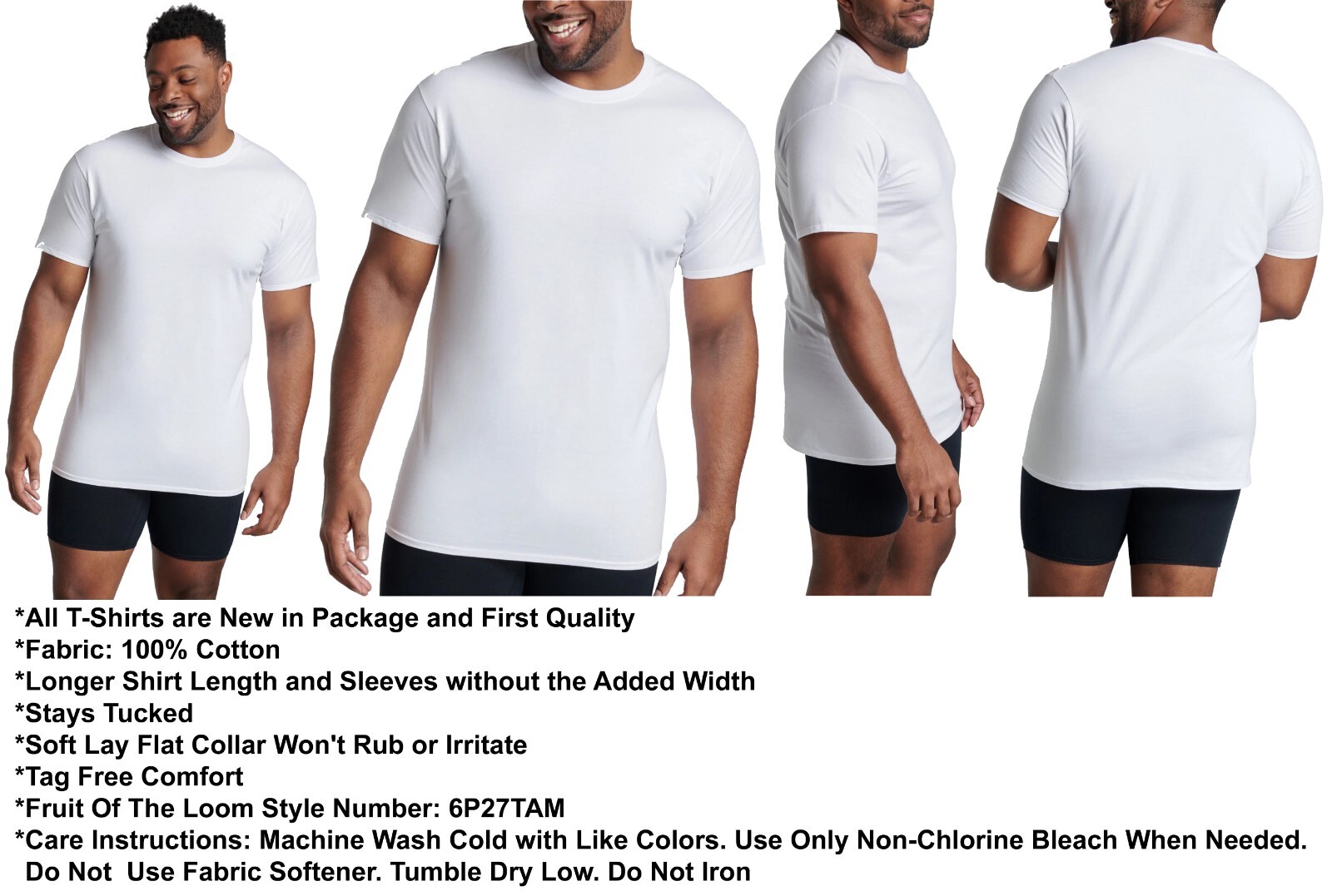 6 White Tall Man LT 42-44 Inch Crew Neck T-Shirts Fruit Of The Loom 107-112 CM