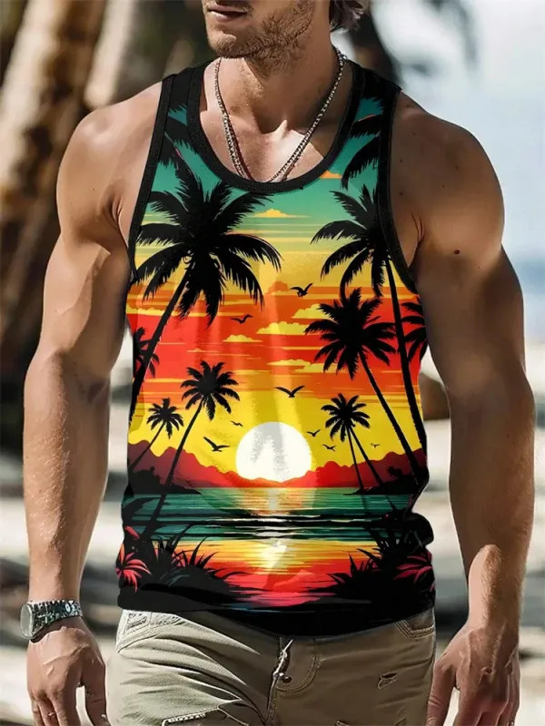 Summer Tank Top Men’s Hawaii Beach Casual Clothing Quick Drying Silk Fit.