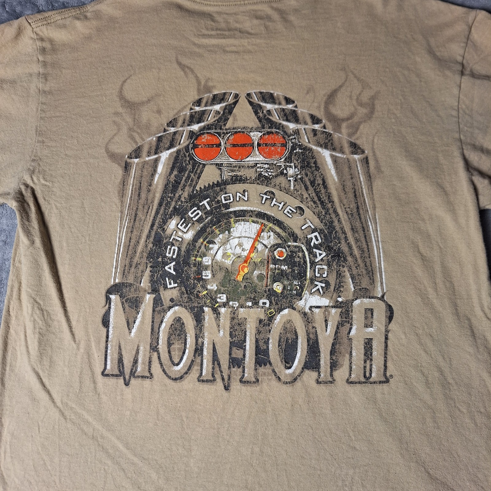 Vintage Juan Pablo Montoya Racing T-Shirt Fastest On The Track NASCAR Tan Medium