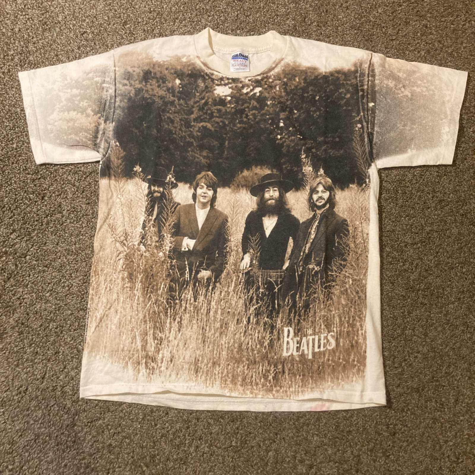 Vintage 90s Beatles AOP All Over Print T Shirt 1998 Sz L Last Photoshoot Apple