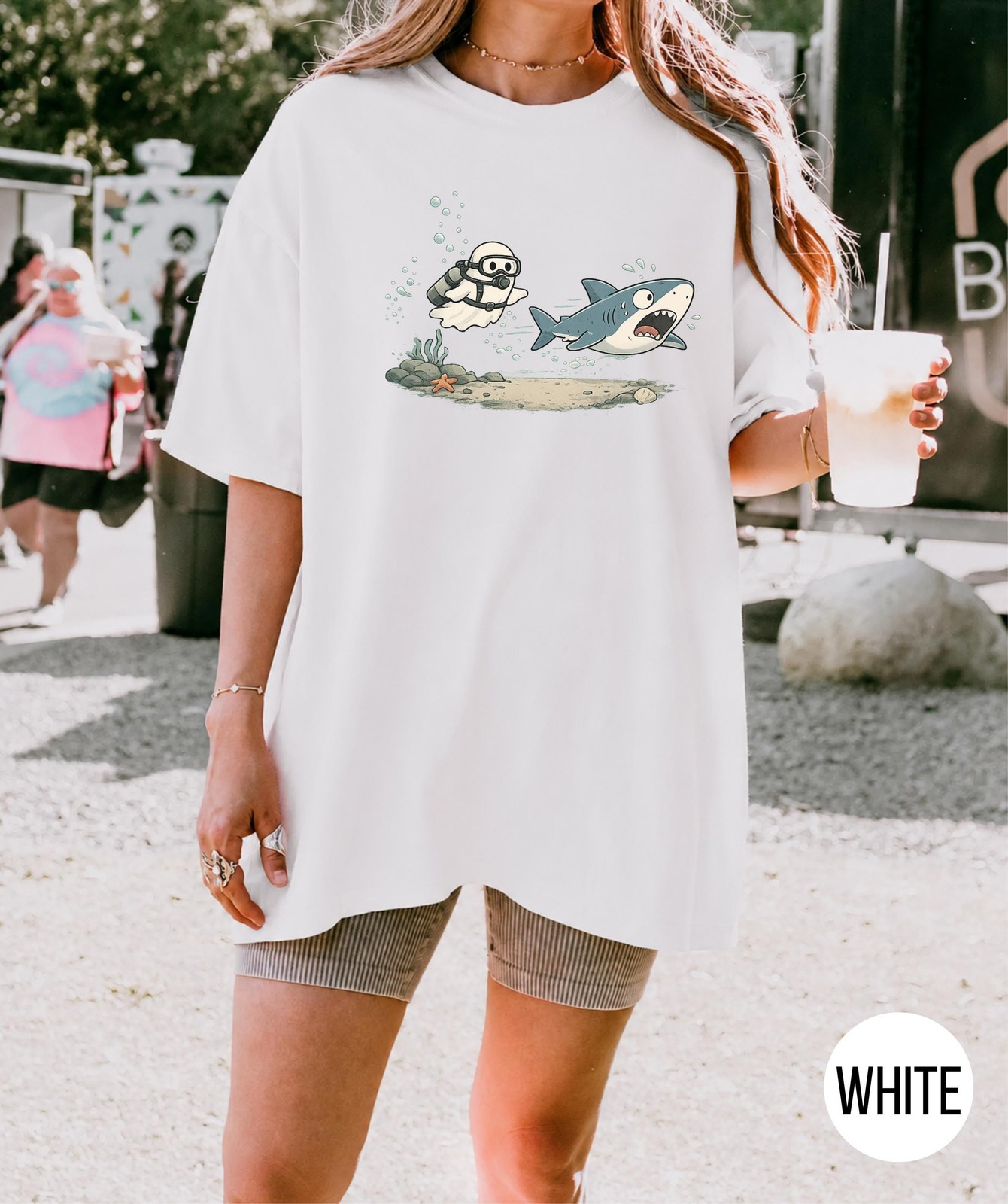 Ghost Shark Shirt Funny Diver Halloween Summerween Ocean Graphic Tee Gift