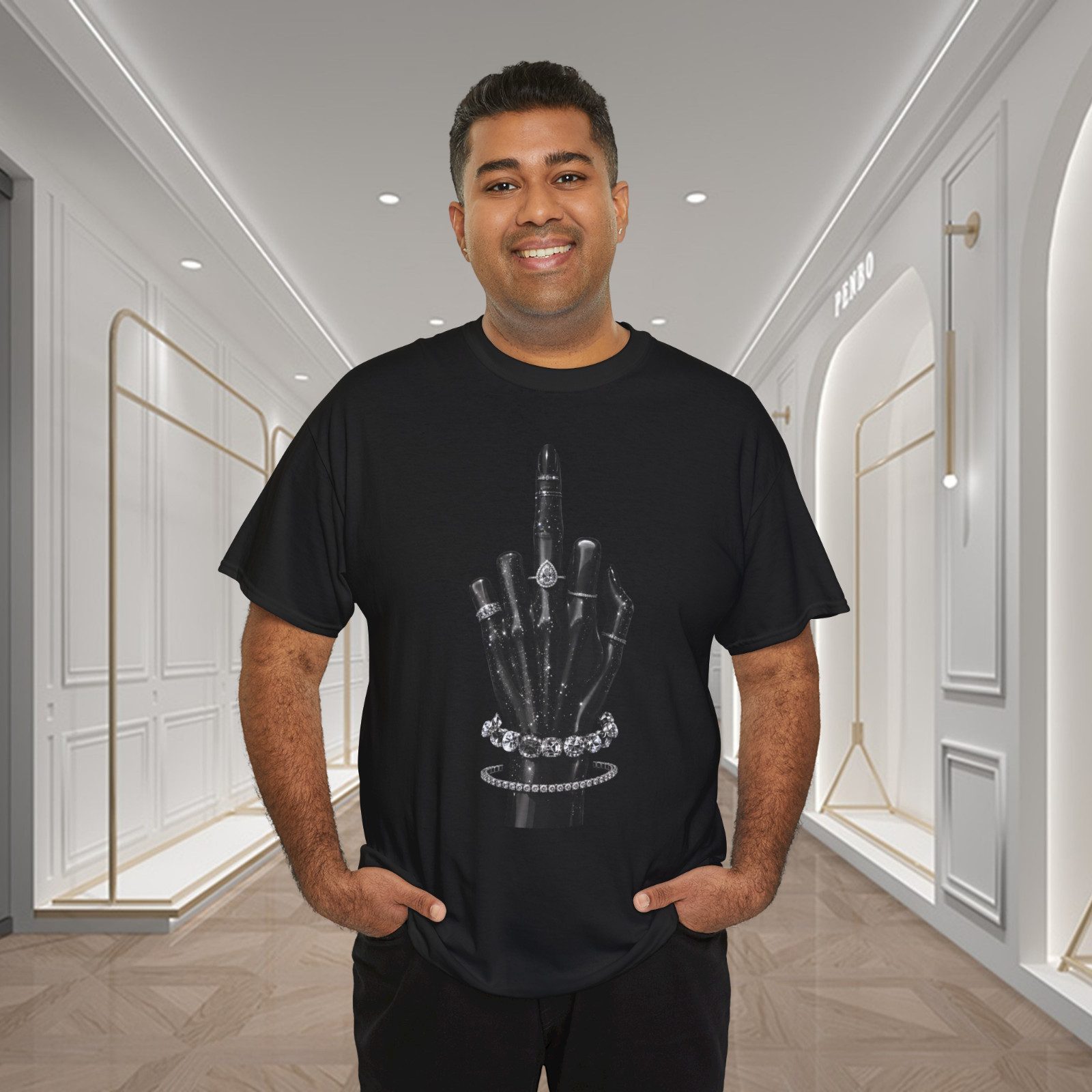 Black Glossy Hand Middle Finger Diamond Graphic T-Shirt
