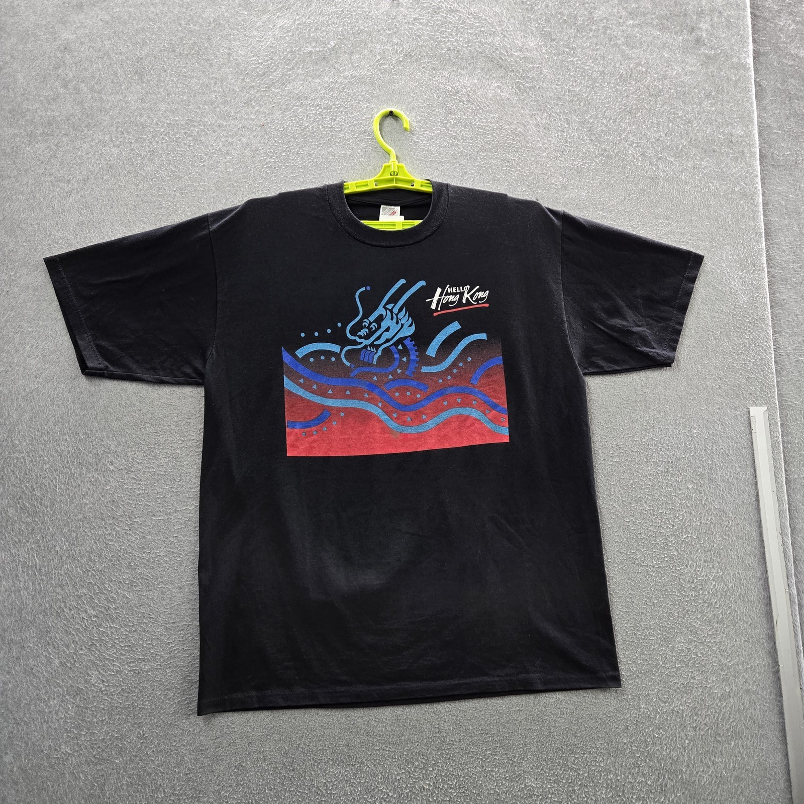 VINTAGE Hong Kong Men Shirt XL Black 90s USA Single Stitch Graphic Dragon Waves