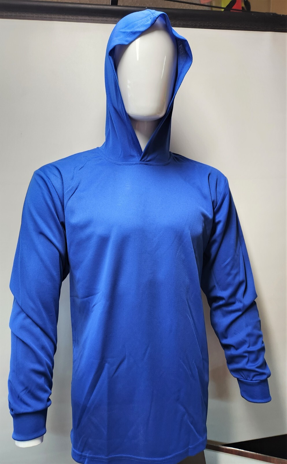 BLUE Long Sleeve Shirt With Hoodie, Polyester birdeye mesh fabric