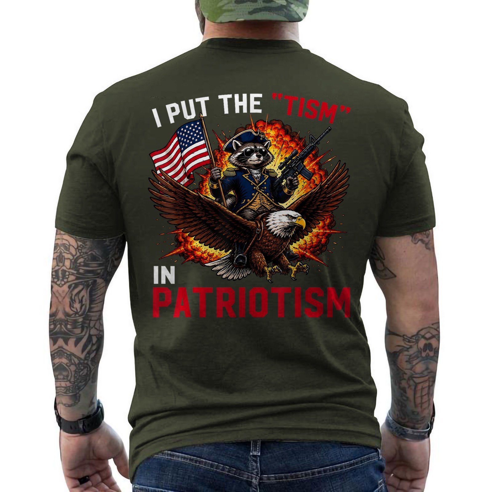 I Put The Tism in Patriotism Retro Eagle Raccoon USA Flag T-Shirt