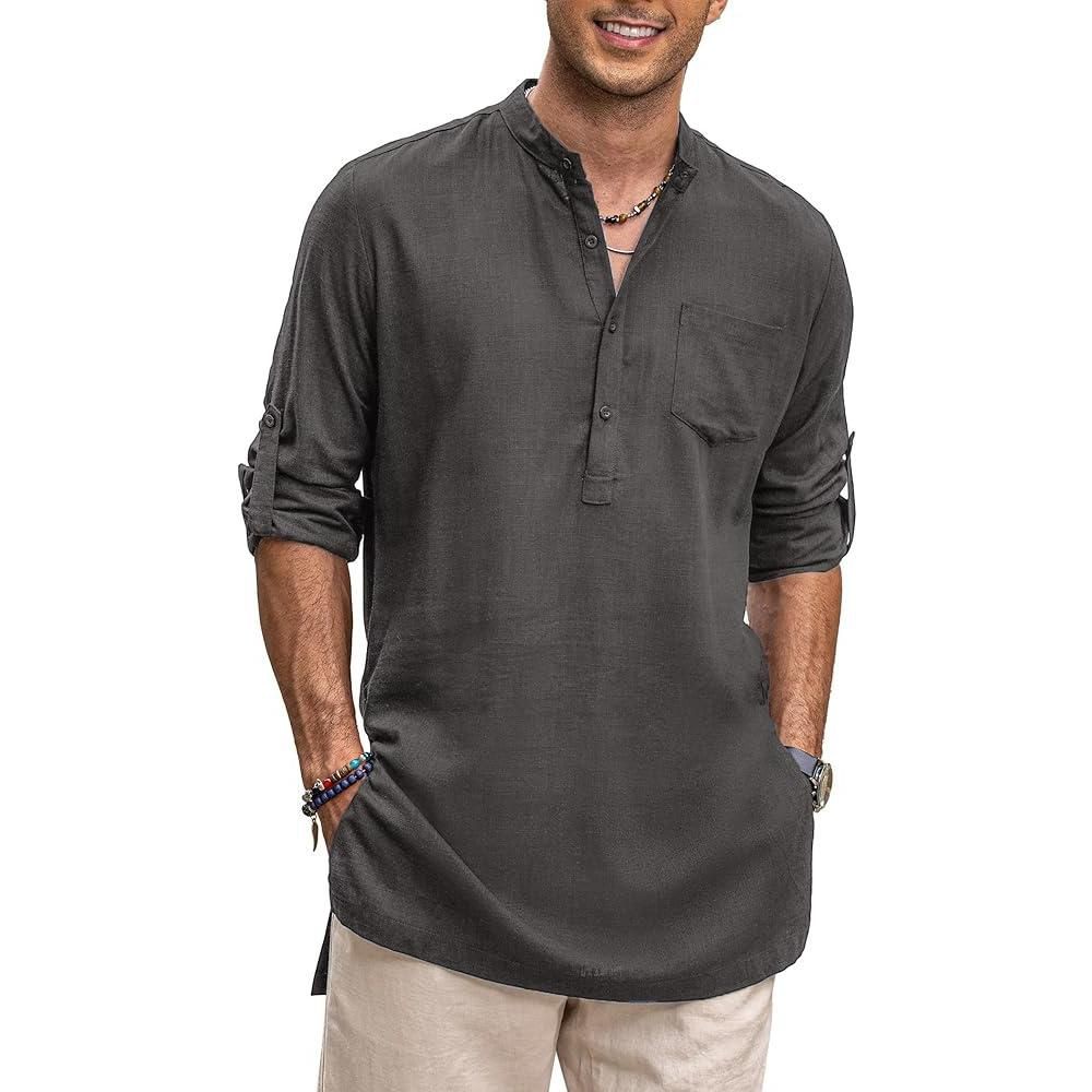 COOFANDY Men Linen Henley Shirts Long Sleeve Collarless T-Shirts Longline