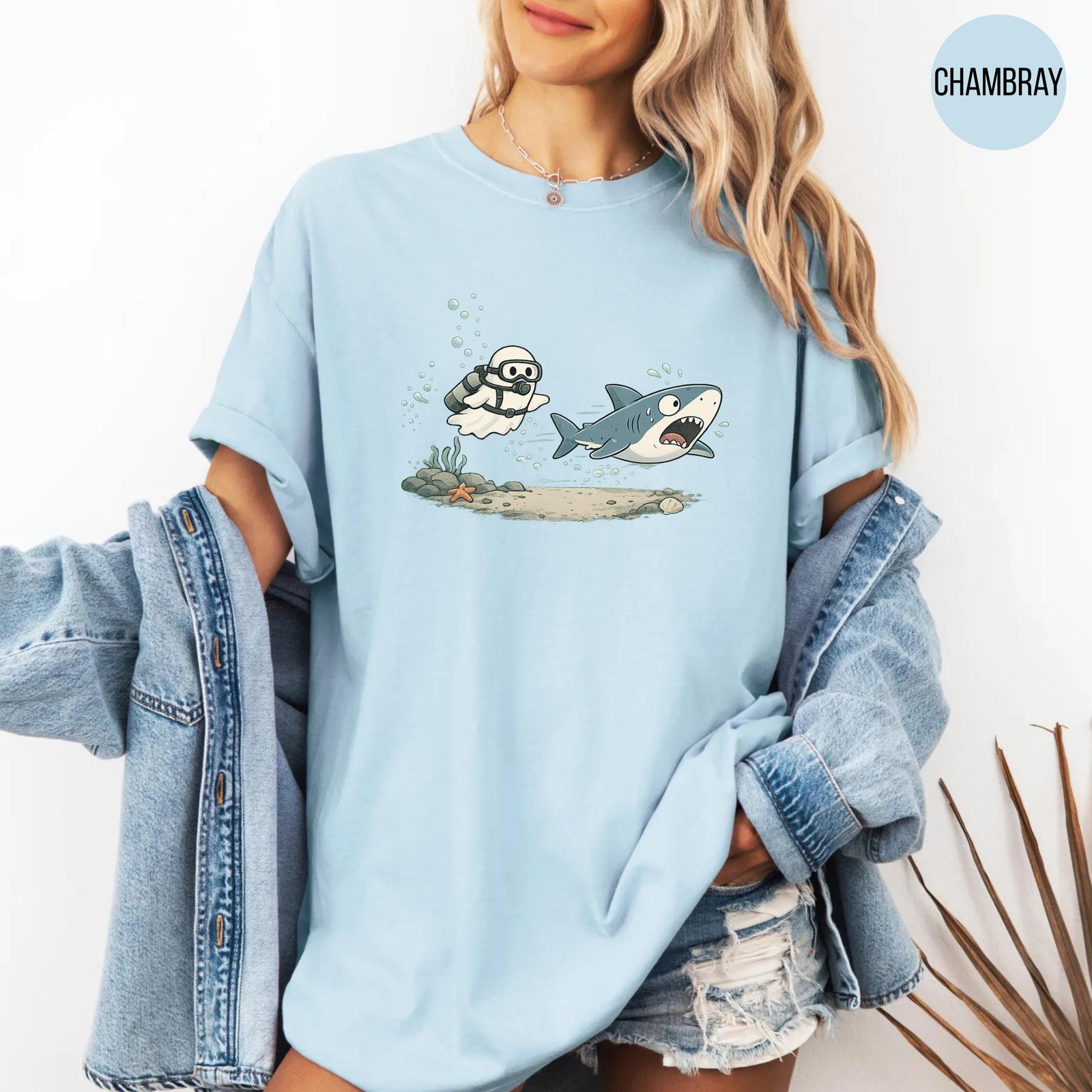 Ghost Shark Shirt Funny Diver Halloween Summerween Ocean Graphic Tee Gift