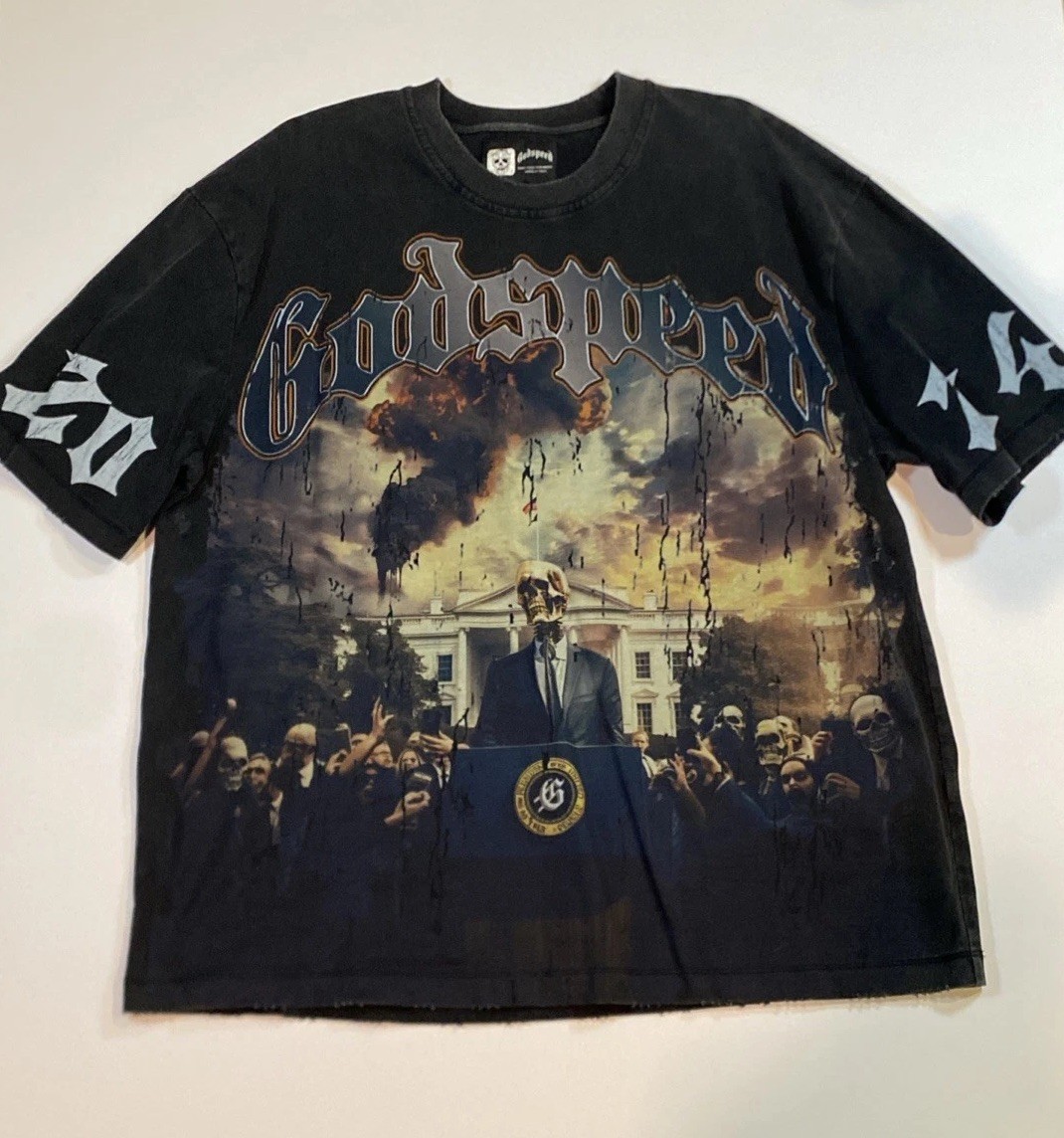 Godspeed V.O.D. 2024 Skeleton White House Graphic T-Shirt Black Wash Size Large