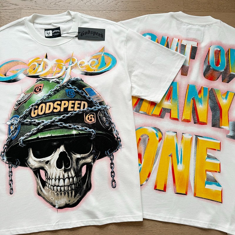 Godspeed Skeleton soldier chain helmet printing Tee Mens Cotton T-shirt