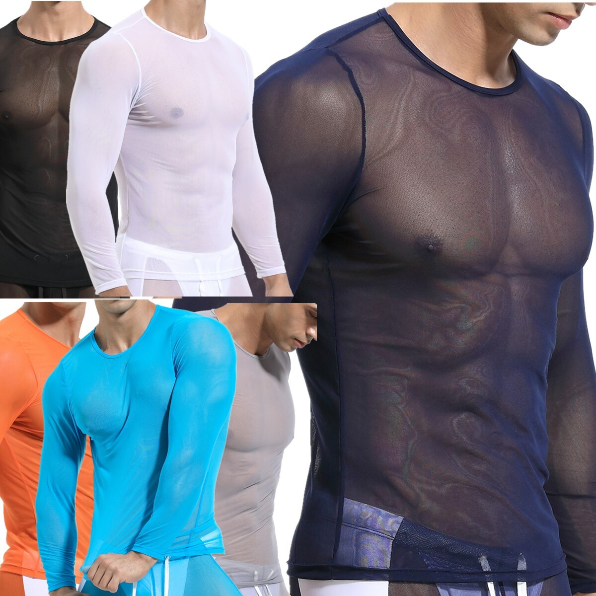 Sexy Mens Top Pants Mesh Perspective Fitness Suit Casual Home Wear T-shirt Pants
