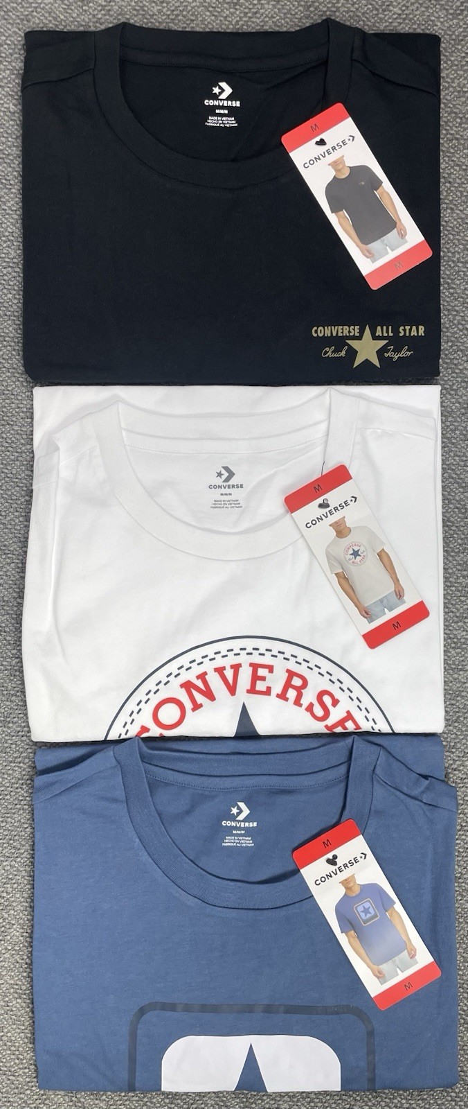 Converse Men’s Lot of 3 Logo Crew Tees in Black, White & Blue Pick Your Size NWT
