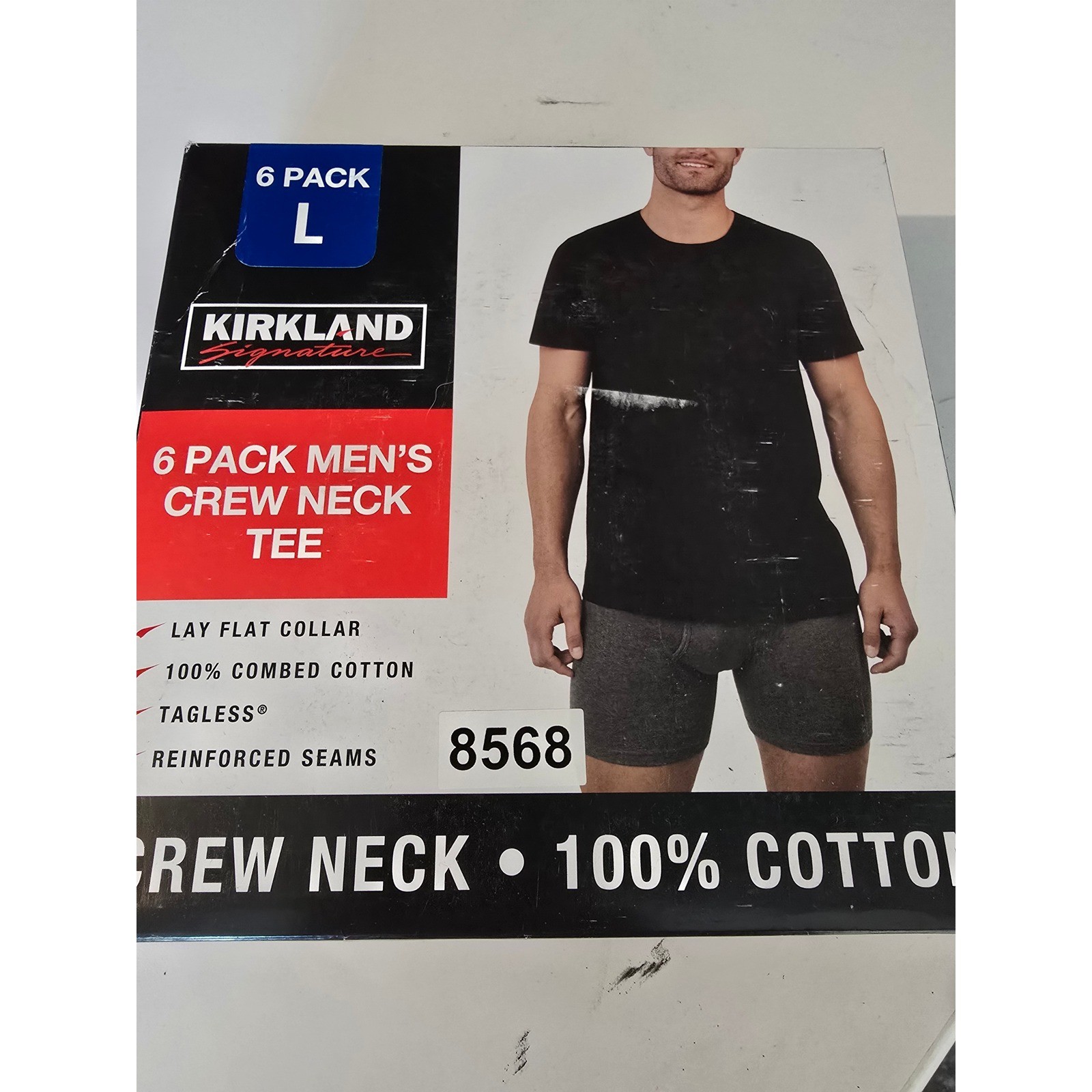 Kirkland Signature Crew Neck Tee Men Large Black 6 Pack 100% Cotton Tagless