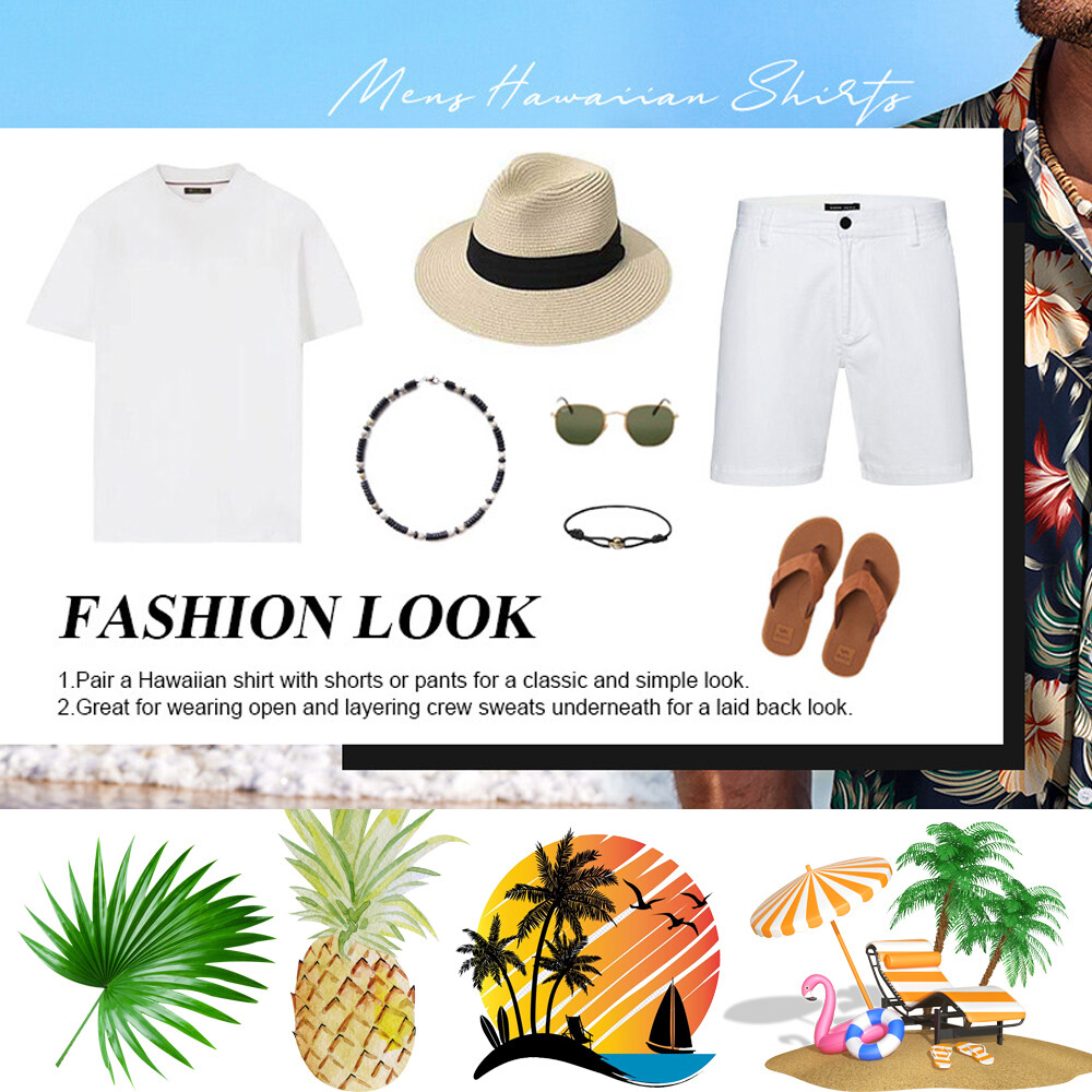 Hawaiian Shirt Mens Button Down Coconut Tree Print Beach Vacation Aloha Party