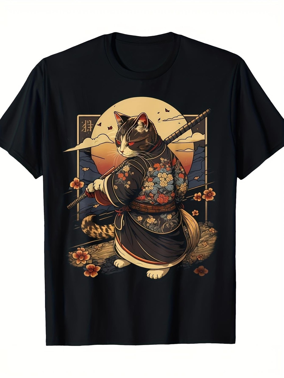 Black Cat Samurai Graphic T-Shirt Japanese Warrior Cat Tee