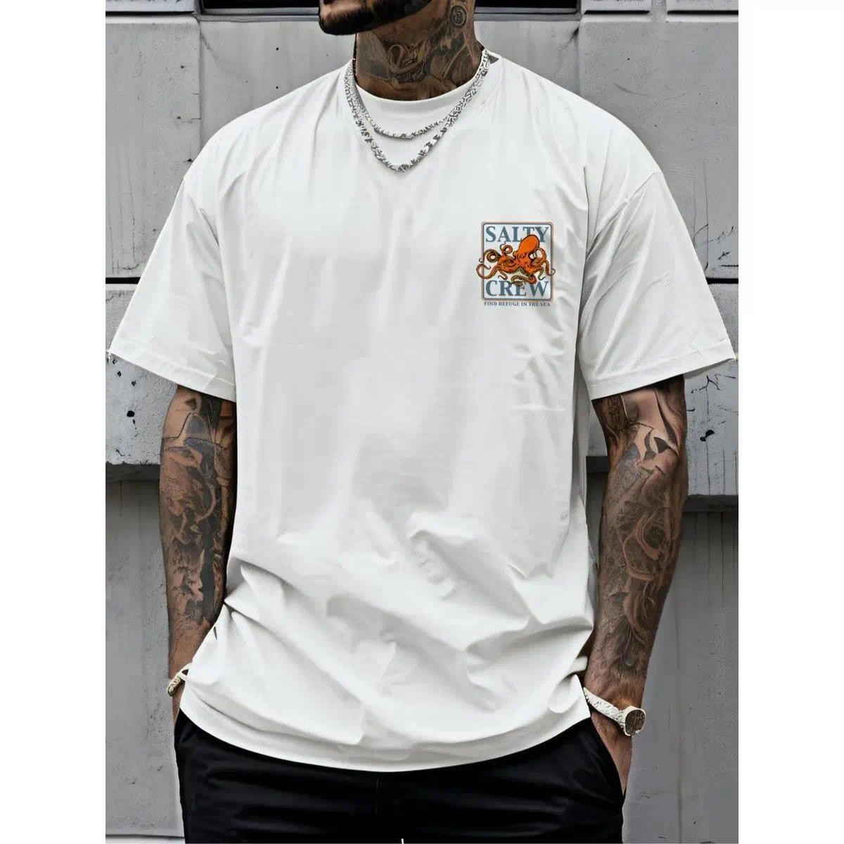 Men’s Octopus Print Round Neck Tee, Fashion Casual Short Sleeve T-shirt