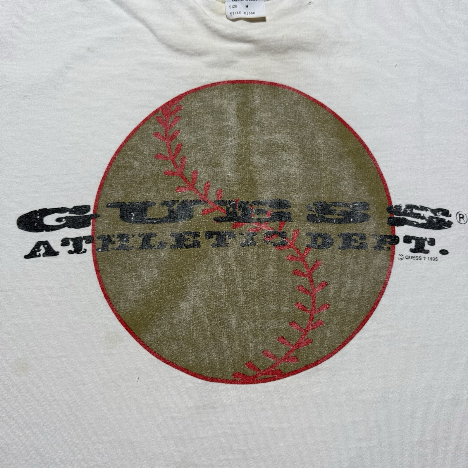 Vintage 1995 Guess Athletic Dept Baseball Graphic T-Shirt Size Medium / XL USA