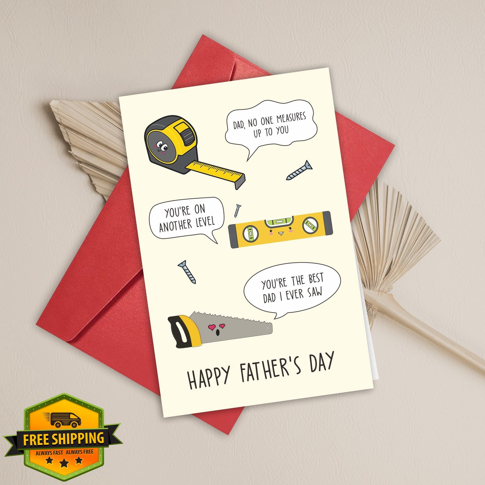 REENYOUNG Measures Father’s Day Card Woodworking Pun 5.3”x8”