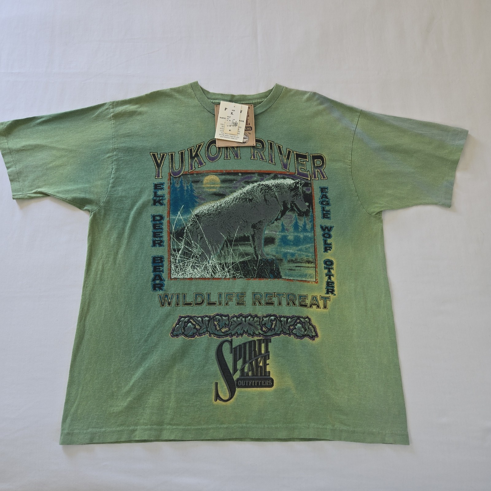 VTG Deadstock 90s Spirit Lake Outfitters Yukon River Wolf T Shirt Sun Tag XL USA