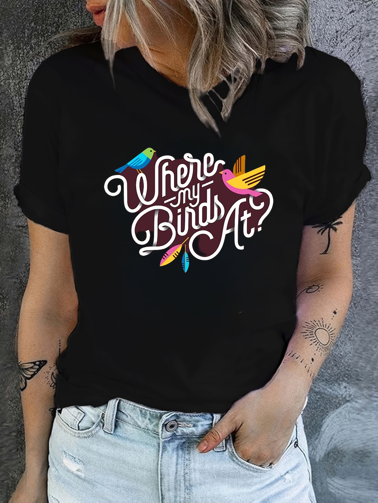 Women’s “Where My Birds At?” Graphic Tee Casual & Breathable, Machine Washable