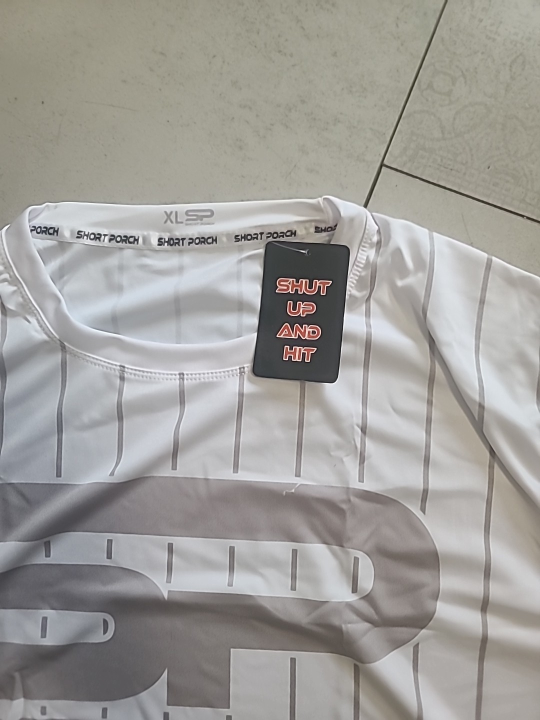 Short Porch (Shut Up And Hit) Short Sleeve Shirt, white with grey stripes