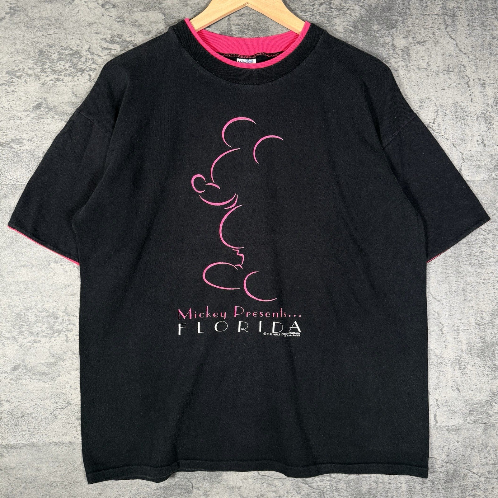 Vintage 90s Mickey Mouse Florida Contrast Collar Double Sleeve Faded T Shirt