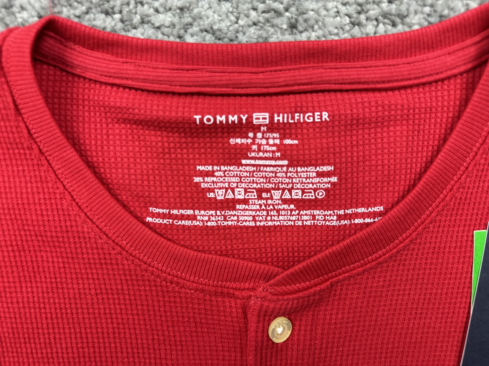 Tommy Hilfiger Shirt Mens M Red Henley Long Sleeve Tagless Cotton/Poly